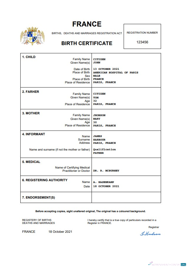 Download France birth certificate Word and PDF template Photoshop template